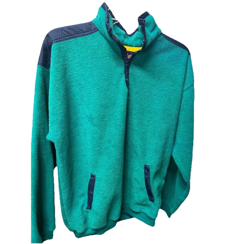 Vintage On Line Fleece Pullover Women’s XL 18/20 Green Snap Neck Colorblock Cozy